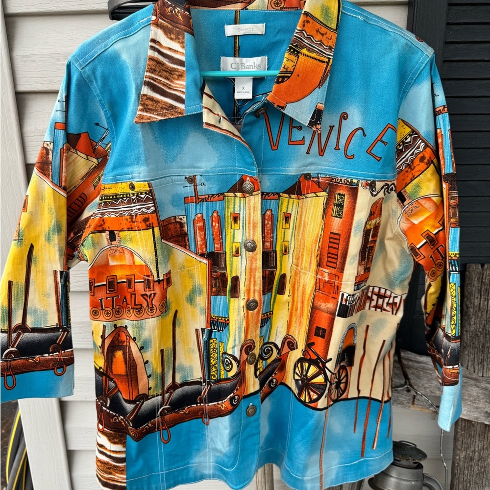 CJ Banks Blue and Orange Casual Button Down Shirt with Artistic Cityscape